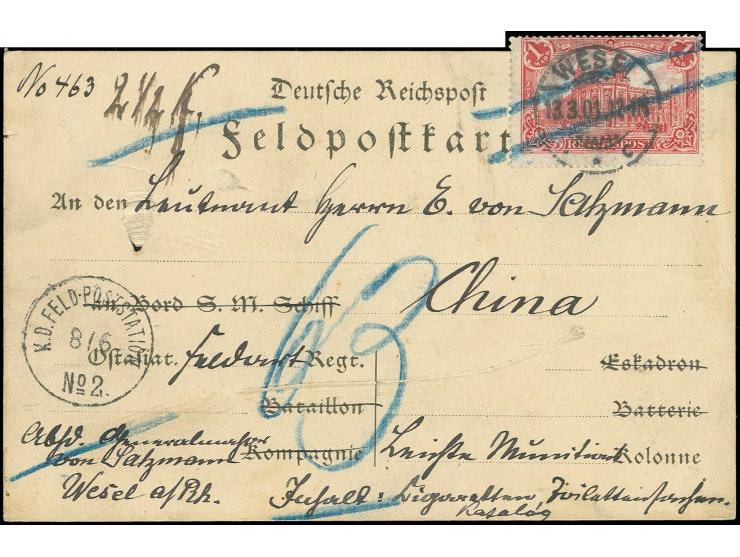 1901, Feldpostkarten-Formular als Pekeadresse mit portogerechter Frankatur Reichspost 1 M. von "WESEL 13.3.01" mit Inhaltsang