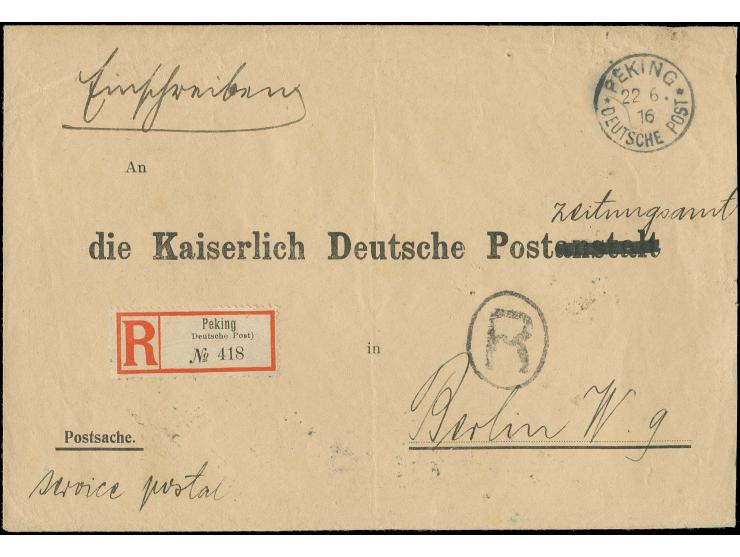 1916, eingeschriebene Postsache mit handschriftlichem Vermerk "service postal" von "PEKING DP 22.6." über das amerikanische P
