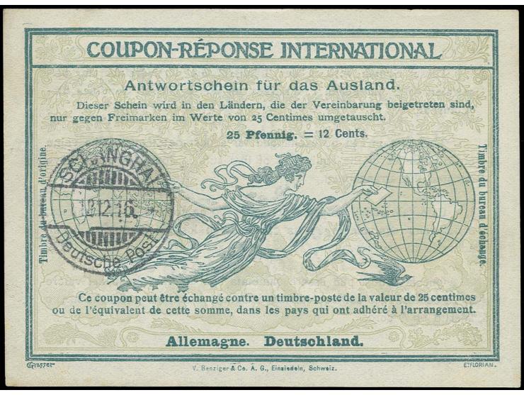 Internationaler Antwortschein 25 Pfg. = 12 Cents mit Ausgabestempel "SCHANGHAI 18.12.16", ex Sammlung Rosenhaus