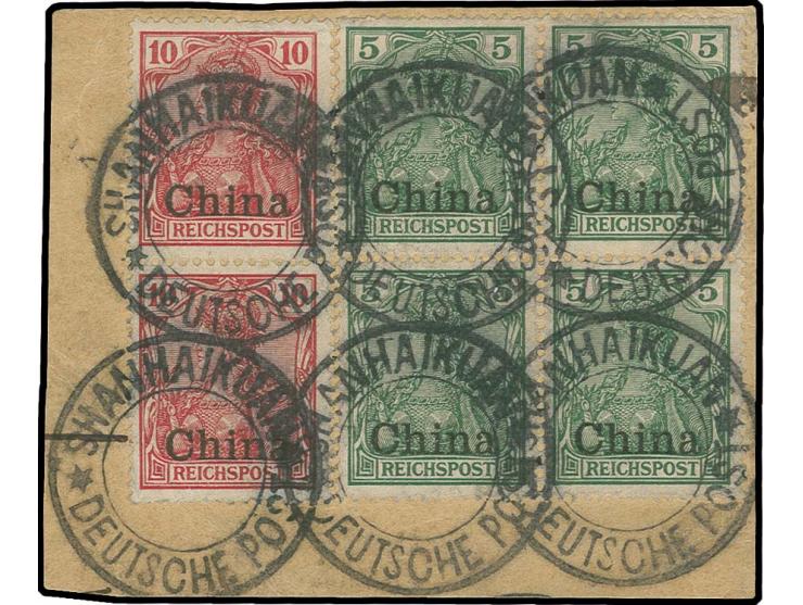 "SHANHAIKUAN DEUTSCHE POST2, 6 saubere Abschläge auf 1901, 5 Pfg. im 4er-Block und 10 Pfg. im Paar auf Paketkartenteil, bei d