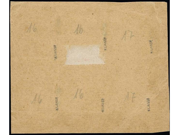 "SHANHAIKUAN DEUTSCHE POST2, 6 saubere Abschläge auf 1901, 5 Pfg. im 4er-Block und 10 Pfg. im Paar auf Paketkartenteil, bei d