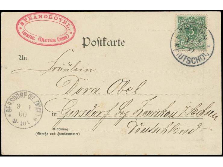 5 Pfg. grün mit Stempel "TSINGTAU * * KIAUTSCHOU 1/12 99" auf Ansichtskarte nach Gersdorf mit Ankunftsstempel, Karte kleine R