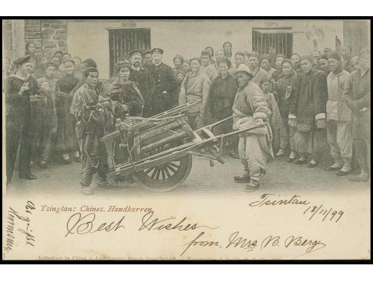 5 Pfg. grün mit Stempel "TSINGTAU * * KIAUTSCHOU 1/12 99" auf Ansichtskarte nach Gersdorf mit Ankunftsstempel, Karte kleine R