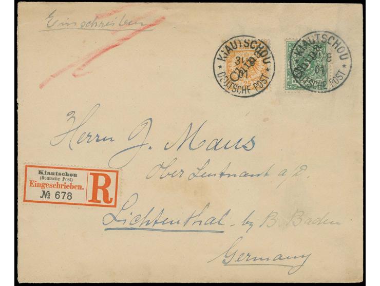 Diagonalaufdruck 25 Pfg. mit Steilaufdruck 5 Pfg., mit jeweils sauber aufgesetztem "KIAUTSCHOU ** DEUTSCHE POST 31/8 01" port