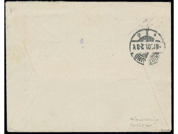 Steilaufdruck 25 Pfg. mit 5 Pfg. und Diagonalaufdruck 10 Pfg., mit Stempel "K.D. FELD-POSTSTATION No. 1 31/10" auf kleinem R-