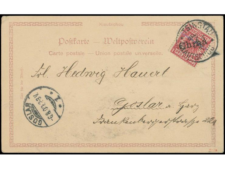 5 Pfg. auf 10 Pfg. mit violettem Strich, mit sauberem Stempel "TSINGTAU 29/6 00" auf Ansichtskarte mit Text nach Goslar mit A