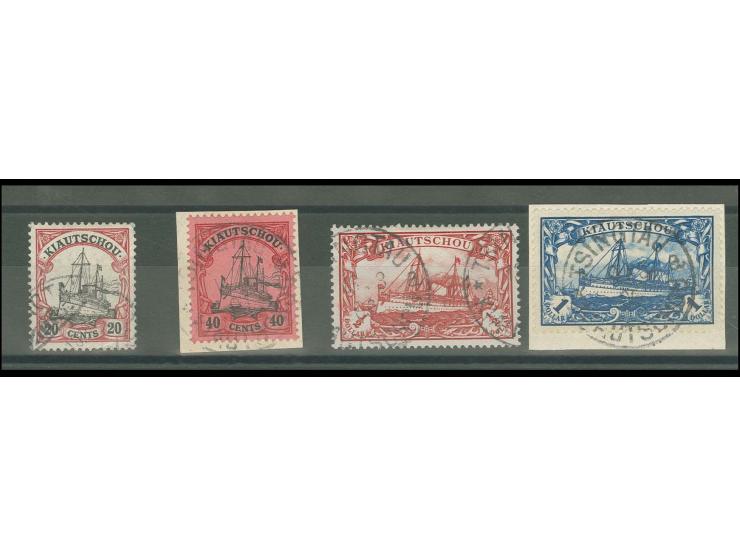 20 C., 40 C. (Briefstück), ½ $ und 1 $ (Briefstück), 4 Werte sauber gestempelt, teils sign., 20 Cent kleiner Eckbug, sonst gu