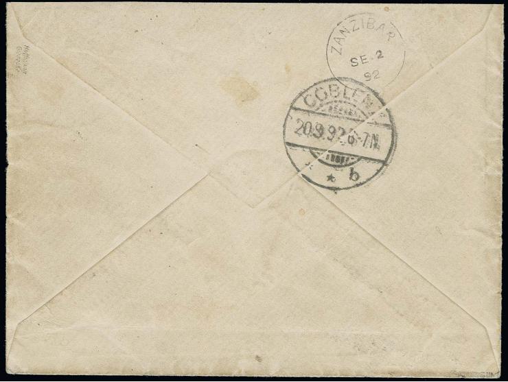 20 Pfg. blau mit Stempel "BAGAMOYO 31 8 92" mit rückseitigem Transitstempel "ZANZIBAR SE 2 92" und vorderseitigem französisch