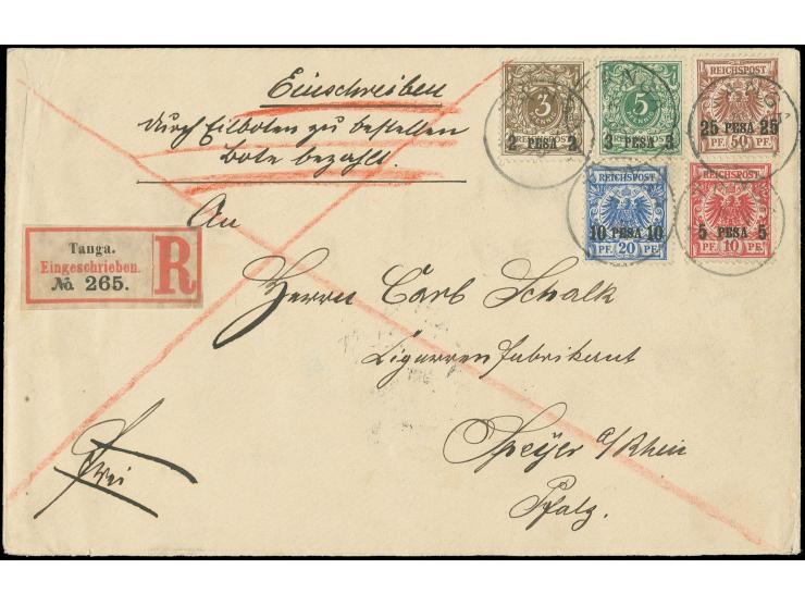 1893, 2 P. auf 3 Pfg.- 25 P. auf 50 Pfg., alle 5 Werte kpl. mit jeweils sauberem "TANGA 6/4 95" auf R-Brief "durch Eilboten z