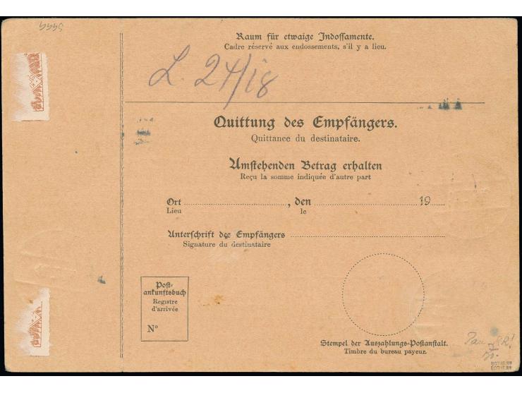 30 H. im senkrechten Paar mit Stempel "TANGA a 10.7.14" auf vollständiger Postanweisung mit Coupon nach Indien; es sind einig