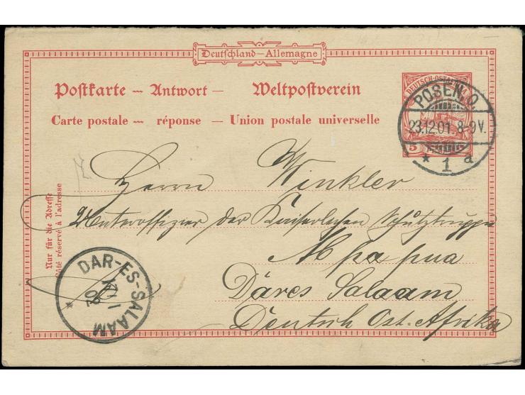 GANZSACHEN: 1900, Antwortkarte 5 P. mit Stempel "POSEN. O. 23.12.01" mit Bedarfstext nach Dar es Salaam mit vorderseitigem Ei