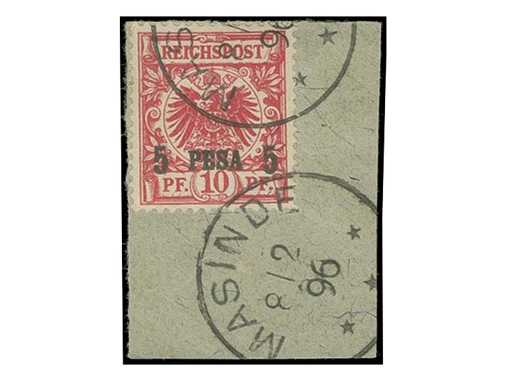 "MASINDE 8/2 96" fast vollständig und nochmals teilweise abgeschlagen auf 1893, 5 P. auf 10 Pfg. auf Briefstück (dieses rücks