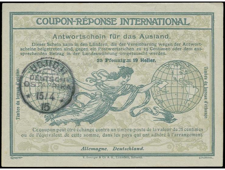 Internationaler Antwortschein 25 Pfg. mit Ausgabestempel "UDJIDJI 15/4 15", tadellos, ex Sammlung Rosenhaus