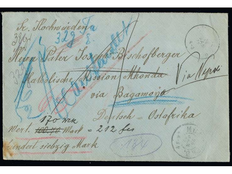 1912, Bayern-Wertbrief über 170 Mk. mit rückseitiger Frankatur von "MÜNCHEN 26.1.12" via Italien an die "Katholische Mission 
