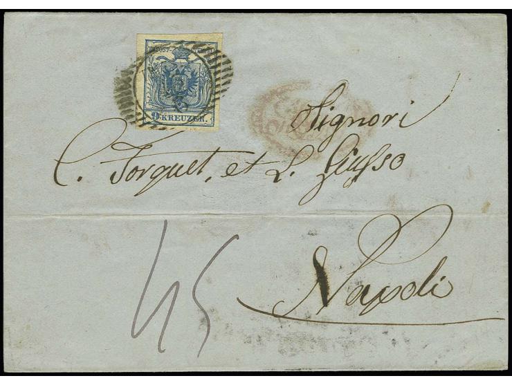 1850/54, Handpapier 9 Kr. blau, farbfrisch und allseits breitrandig mit sauber aufgesetztem "TRIEST 13 6" (1855) als Teilfran