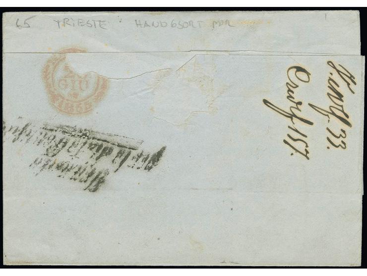 1850/54, Handpapier 9 Kr. blau, farbfrisch und allseits breitrandig mit sauber aufgesetztem "TRIEST 13 6" (1855) als Teilfran
