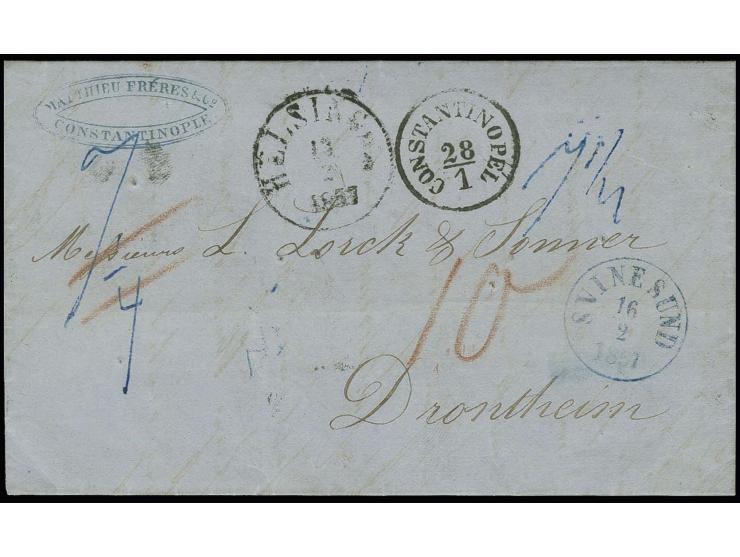 "CONSTANTINOPEL 28/1", klarer EKr. auf kpl. Faltbrief 1857 mit vorderseitigen Transitstempeln von Helsingör und Svinesund (bl