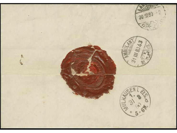 1862/81, Sitzende Helvetia 5 C. braun und 20 C. orange, je 2 Einzelwerte, abwechselnd geklebt auf kpl. Chargé-Brief von "LAUS
