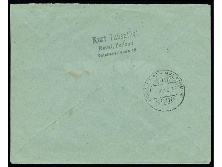 1920, Airmail double decker 5 m. with additional franking, tied by cds. "TALLIN 13.3.20" (First Day for Airmail stamp) to reg