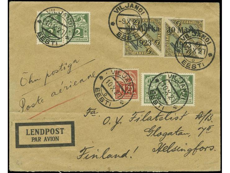 Airmail 10 m., two imperforated with additional franking tied by cds. "VILJANDI -9 X 27" to airmail cover to Helsingfors, one