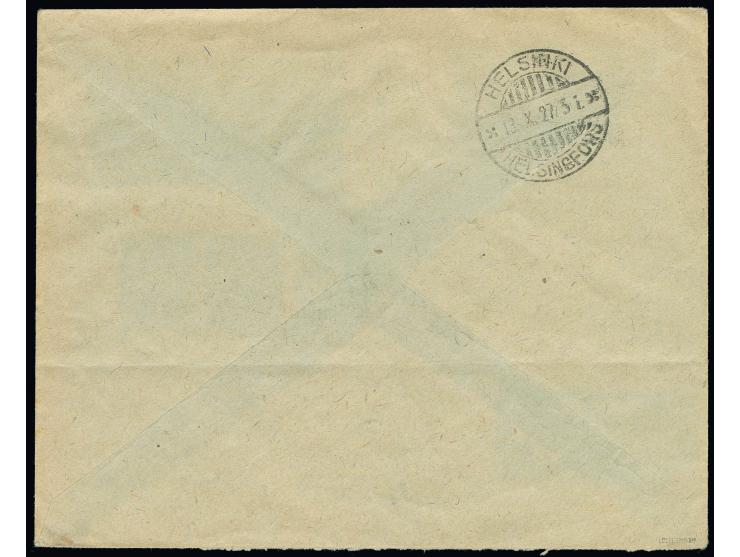 Airmail 10 m., two imperforated with additional franking tied by cds. "VILJANDI -9 X 27" to airmail cover to Helsingfors, one