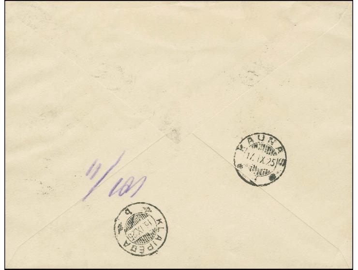 1924, Airmail 5-45 M. and additional franking tied by cds. "TALLIN 16 9 25" to registered cover to Kaunas, fine, opinion Löbb