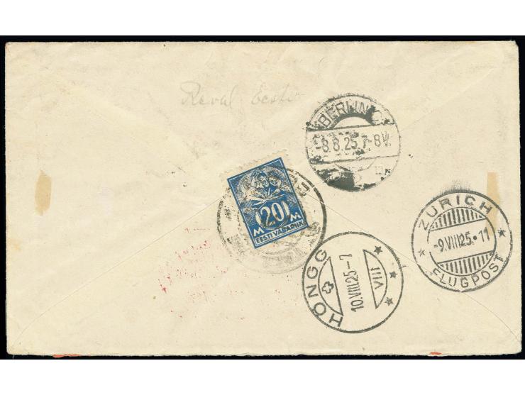 5 and 20 m. perforated with additional franking tied by cds. "TALLIN -7.VIII.25" to front and reverse of airmail cover to Zür