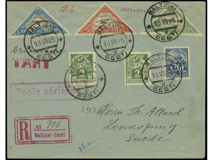 Airmail 10-20 M. mit additional franking tied by cds. "BALTISKI 11 VII 25" to registered airmail printed-matter to Sweden, ve