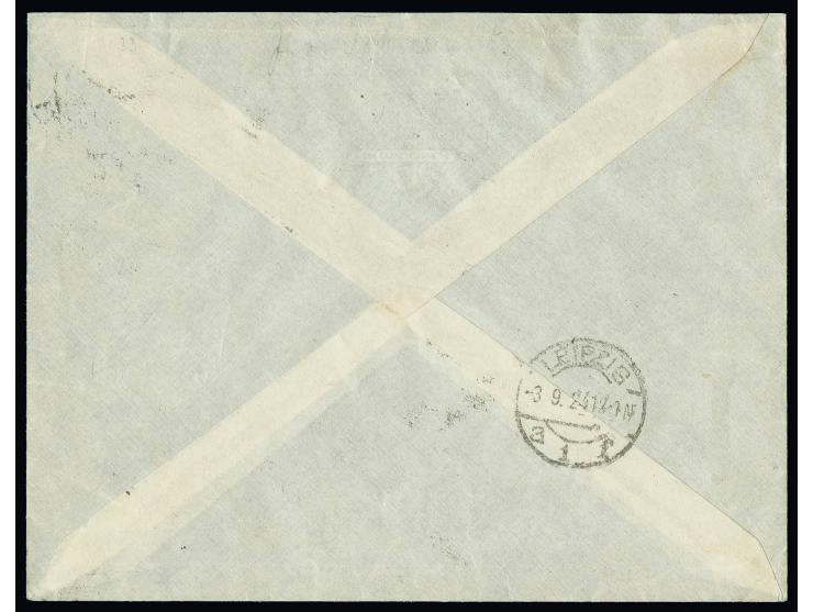 Airmail 20 m. imperforated with additional franking tied by cds. "TALLIN -1.9.24" to registered airmail cover to Leipzig, sli