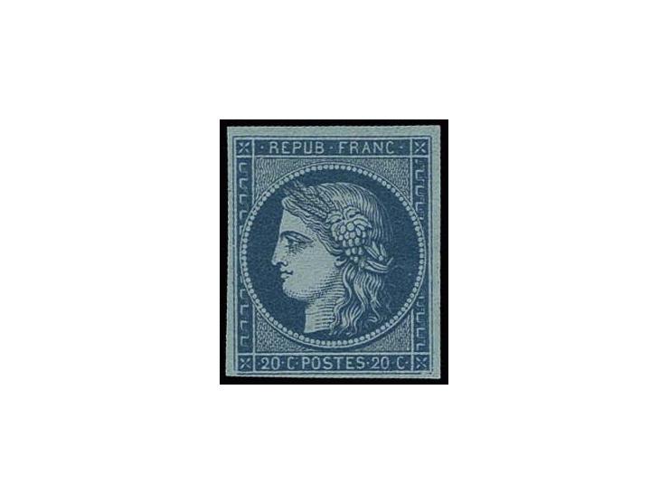  20 c. blue on blueish, good margins, unused without gum as usual, very fine, certificat Calves