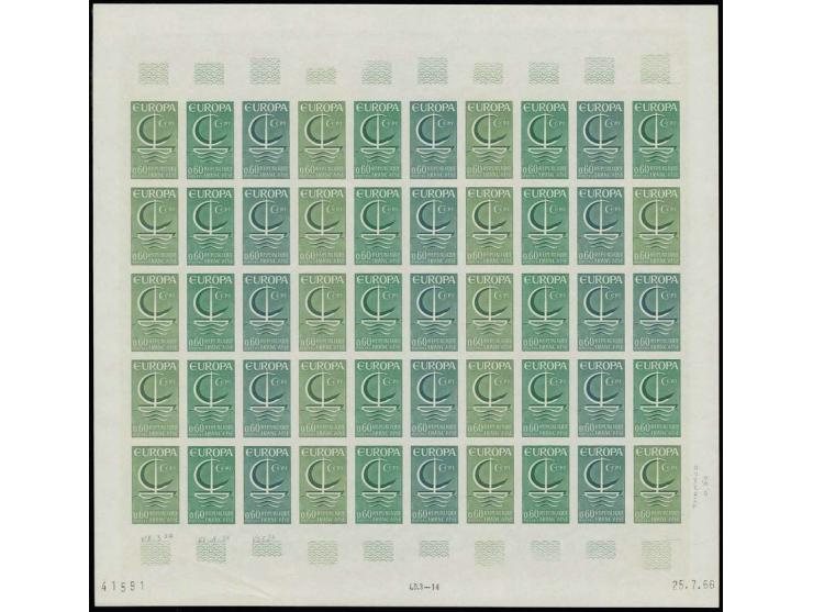 1966, CEPT 0,60 fr., essai de couleur (green), complete sheet of 50, unmounted mint (Dalley 5.000)