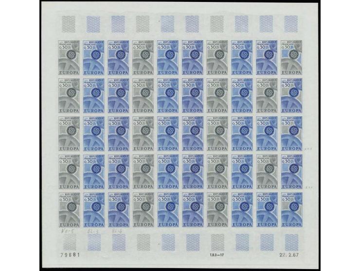1967, CEPT 0,30 fr., essai de couleur (blue and grey), complete sheet of 50 inlcuding 5 bi-coloured stamps, unmounted mint (M
