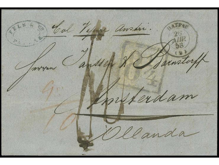 1858, entire letter from "PATRAS 26 APR 58" to Amsterdam, showing boxed German tax stamp "8¼" (sgr.) for the conveyance from 