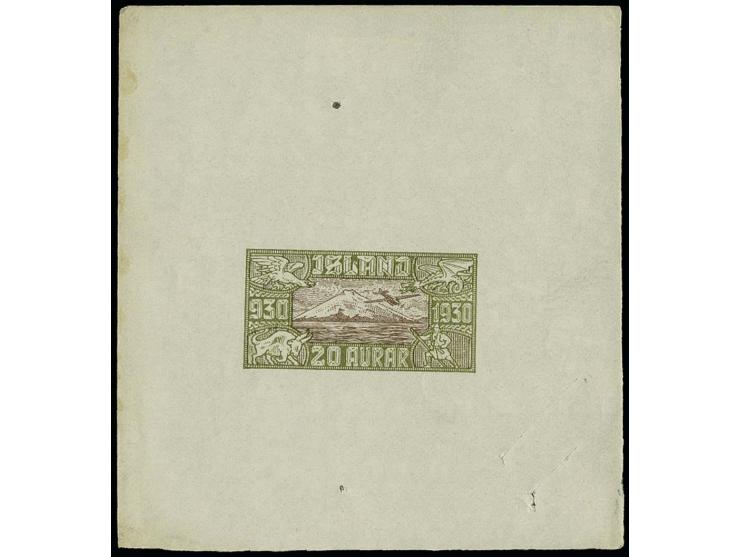 1930: Colour Trial Proof for Airmail 20 aur. value printed on imperforate thick gummed paper in yellow brown & olive green (c
