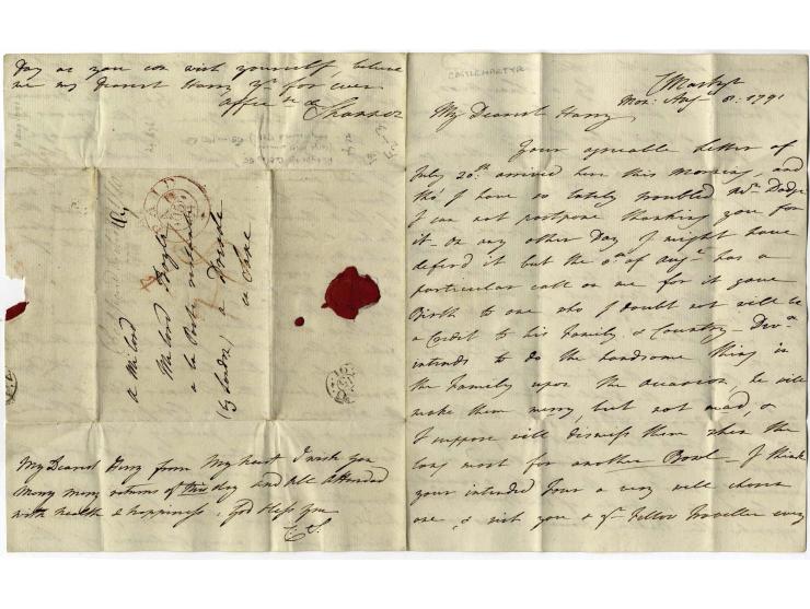 1791, entire letter with weak straight line "C. MARTYR" via London with red "PAID" marking and manuscript "Post paid british 