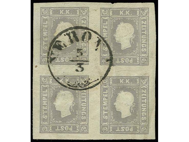 1859 (March): Newspaper 1.05 s. grey lilac, a magnificent used block of four with large margins all round, cancelled by centr