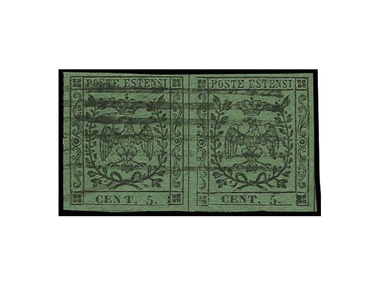 1852: 5 centesemi black on green with stop after '5', a fine used horizontal pair with ample to large margins all round, left