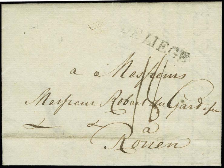 1793, entire letter from Amsterdam to Rouen, showing straight line "DE LIEGE", used in the short period of Taxis postal servi