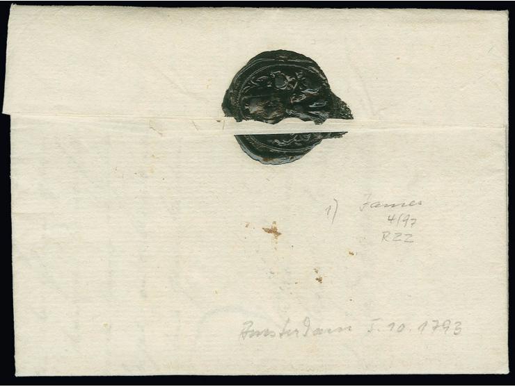 1793, entire letter from Amsterdam to Rouen, showing straight line "DE LIEGE", used in the short period of Taxis postal servi
