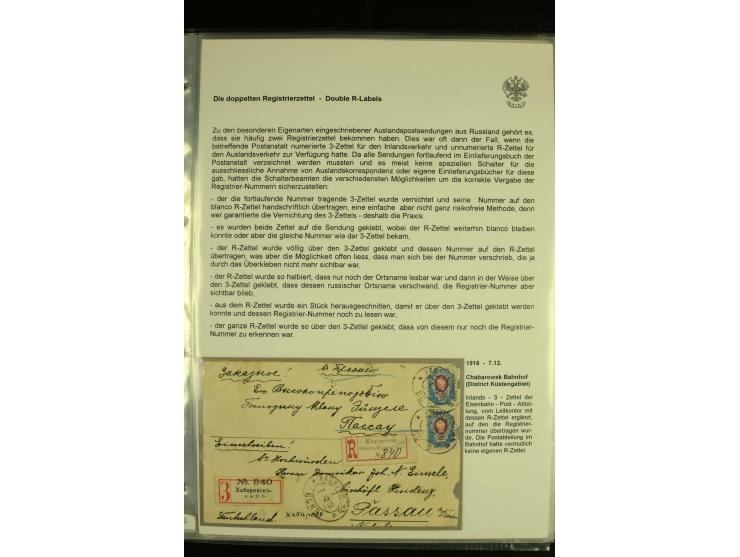 1909 / 1918 DOUBLE REGISTRATION LABELLING. An interesting collection of 20 covers with combined use of Inland (Cyrillic) and 