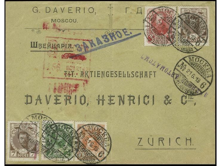 1913 MACHINE REGISTRATION (Automaten) Pre-printed commercial cover sent from Moscow to Zürich with smudged Moscow machine reg