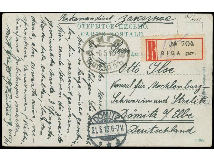 1913 MACHINE REGISTRATION (Automaten) Picture postcard from Riga to Germany with International registration label of RIGA GAR