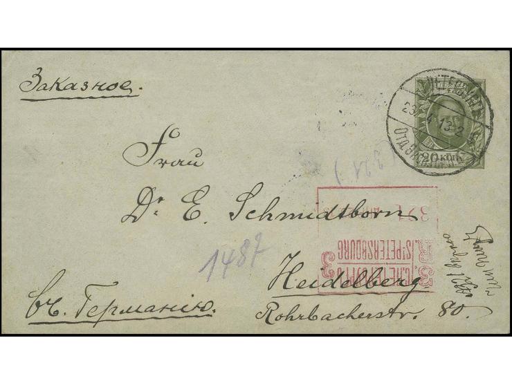 1913 MACHINE REGISTRATION (Automaten) Commercial cover (Chemical Factory cachet on reverse) using 20 kop Romanov stationery e