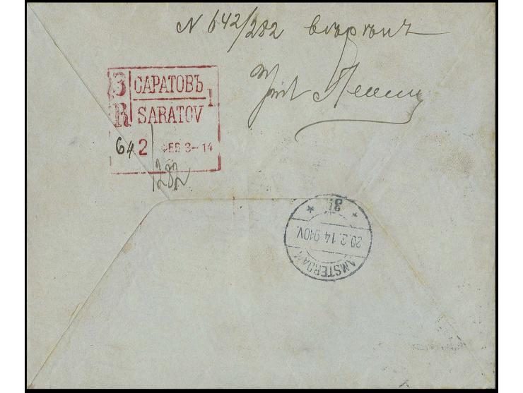1914 MACHINE REGISTRATION (Automaten) Cover from Saratov to Amsterdam, franking on front, with exceptionally fine and clear S