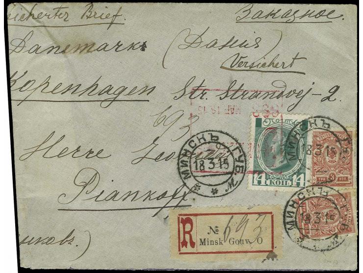 1915 MACHINE REGISTRATION (Automaten) Censored cover from Minsk to Denmark, folded over with censor seal, with both Minsk reg