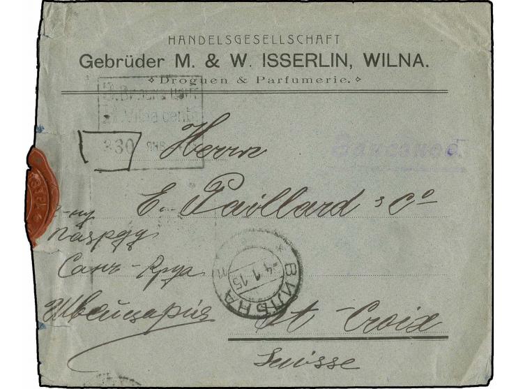 1915 MACHINE REGISTRATION (Automaten) Censored cover from Vilnius to Switzerland, wax seal and franking on reverse, with Regi