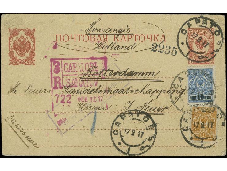 1917 MACHINE REGISTRATION (Automaten) Stationery card uprated and Registered from Saratov to Rotterdam with very clear strike