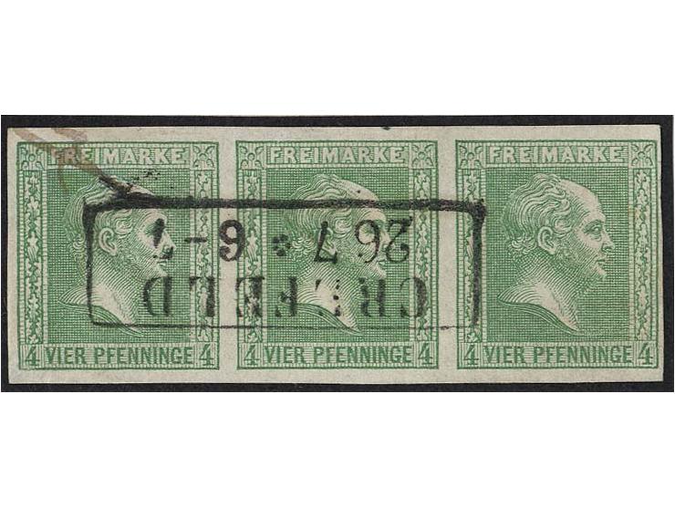 1858/59, Kopfausgabe auf Gittergrund, Sammlung auf 2 Albenseiten mit vielen idealen Stempelabschlägen, 3er-Streifen Mi.-Nr. 9