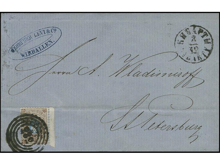 1862 Entire letter to St Petersburg sent from Kibarty with bilingual cancel at top right and "282" ring cancellation on 10 ko