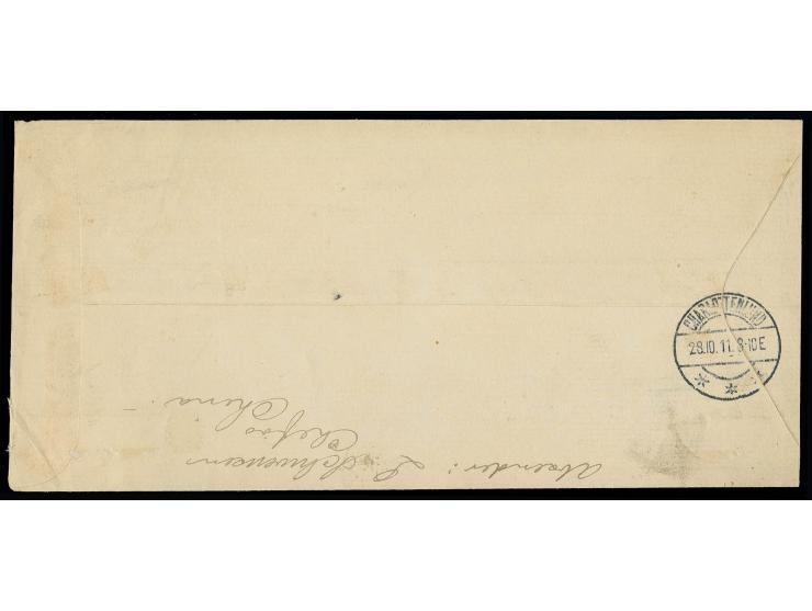 1911 RUSSIAN POST OFFICES IN CHINA Registered cover from CHIFU to Denmark franked 2 x 10 kops KITAI oveprints on 1908 issue w
